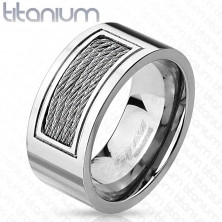 Titánový prsteň - obrúčka v striebornom prevedení zdobená kovovými drôtikmi, 10 mm