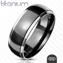 Širší prsteň z titánu - hladká obrúčka s vystupujúcim čiernym stredom a okrajmi v striebornej farbe, 8 mm