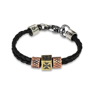 E-shop Šperky Eshop - Čierny kožený náramok - dvojitý pletenec, kovové prívesky, keltský kríž a nápis SP16.25
