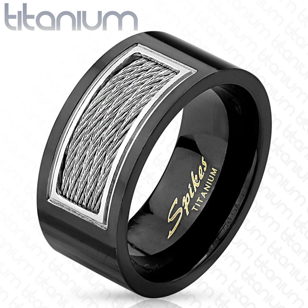 E-shop Šperky Eshop - Čierna titánová obrúčka - obĺžnikový výrez, kovové točené lanká, rôzne veľkosti X30.18