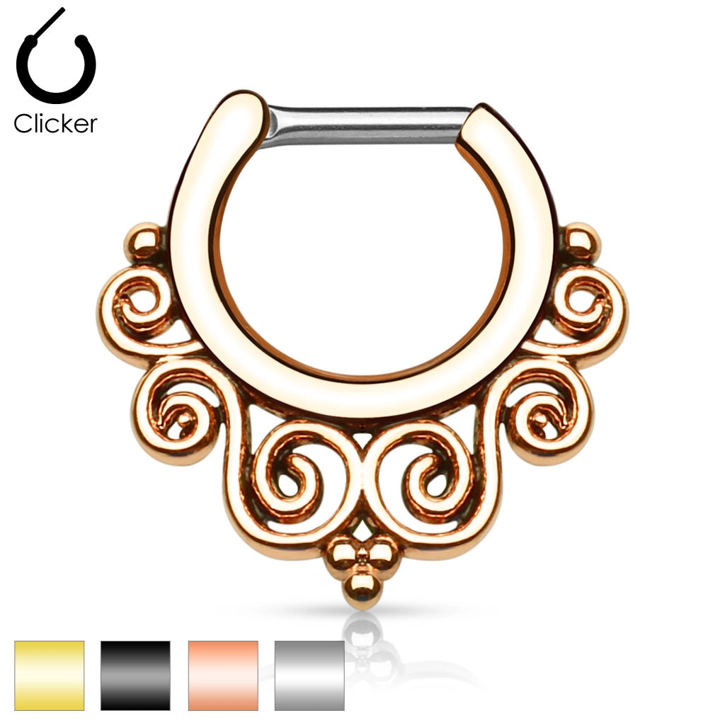 Oceľový piercing do septa - kruhový segment s tribal špirálou, zaklikávacie zapínanie, rôzne farby - Farba: Medená