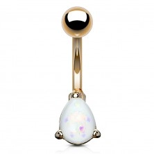 Oceľový piercing do bruška medenej farby - farebná slza z imitácie opálu s odleskami