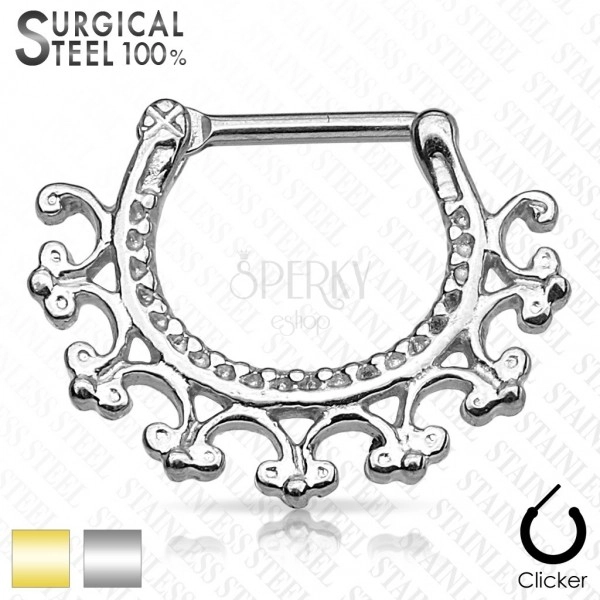 Septum piercing z chirurgickej ocele - kruhový segment s ornamentmi, zaklikávacie zapínanie