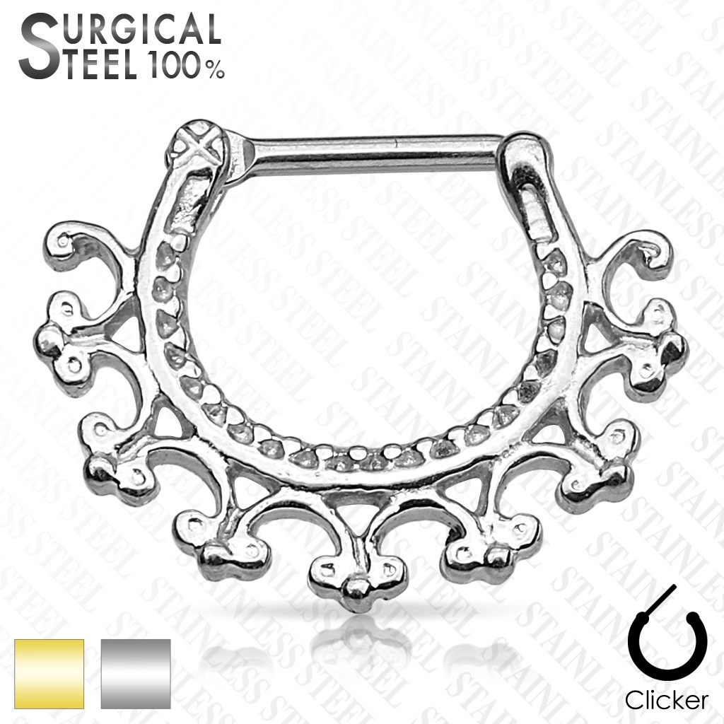 Septum piercing z chirurgickej ocele - kruhový segment s ornamentmi, zaklikávacie zapínanie - Farba: Zlatá