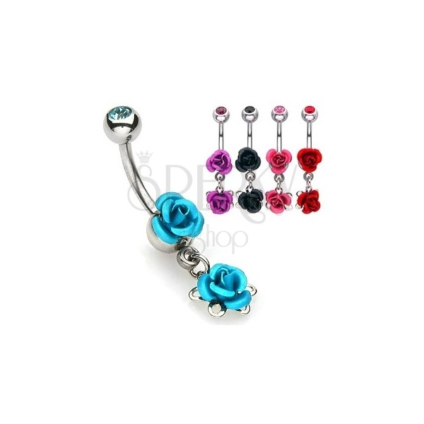 Oceľový piercing do pupka - rozkvitnuté metalické ruže, ródiovaný