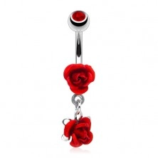 Oceľový piercing do pupka - rozkvitnuté metalické ruže, ródiovaný