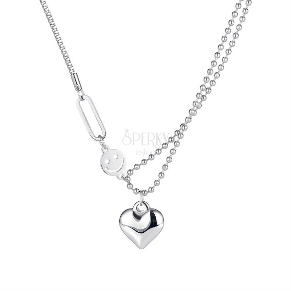 Oceľový náhrdelník striebornej farby - široké srdce a smajlík, armádna retiazka