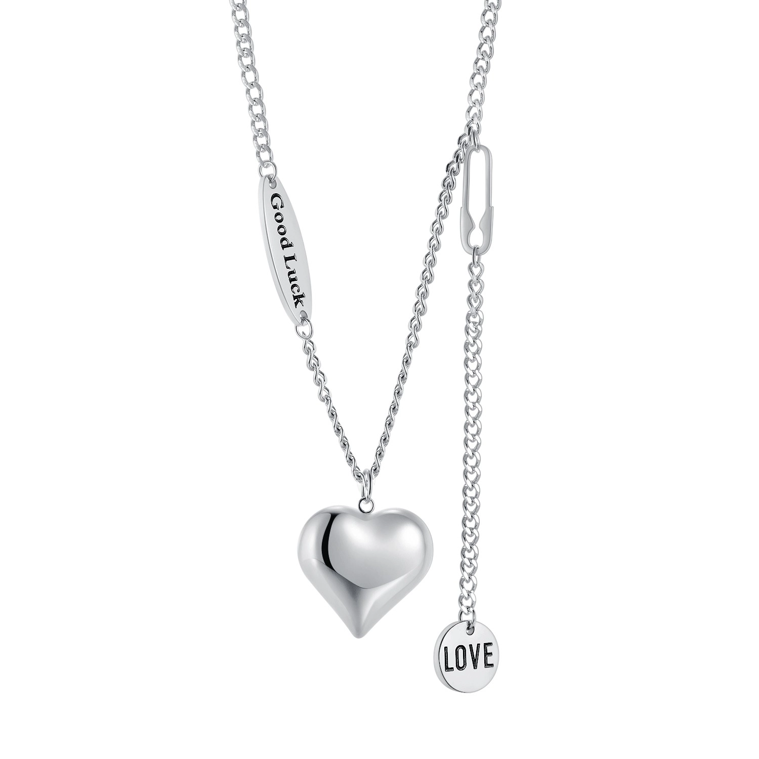Oceľový náhrdelník - veľké srdce, známky s nápismi \