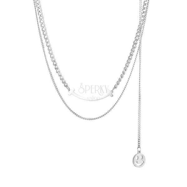 Oceľový 316L náhrdelník - dvojitá retiazka, smajlík na retiazke, úsmev
