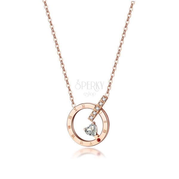 Oceľový náhrdelník medenej farby - kruh s rímskymi číslicami, zirkónové srdce