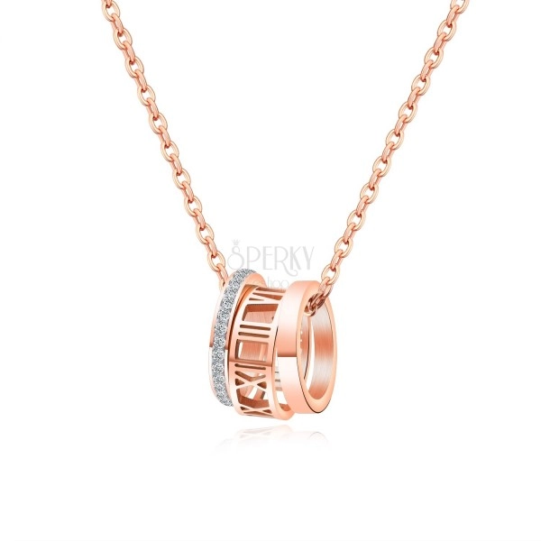 Oceľový náhrdelník s prstencami - číre zirkóny, rímske číslice, hladký povrch, medená farba