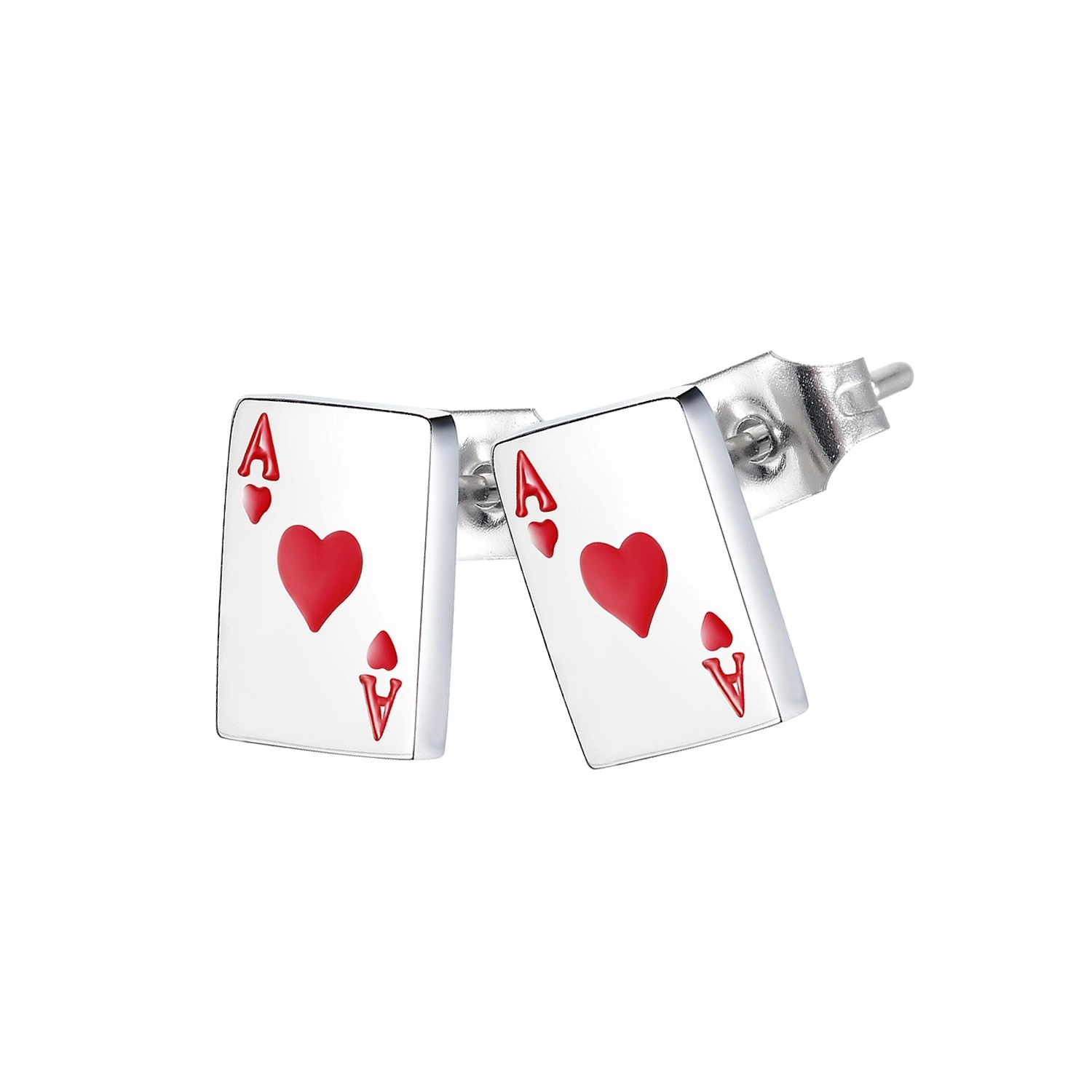 Puzetové náušnice z ocele 316L - motív hracej karty, srdcové eso s červenou glazúrou