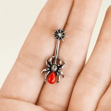 Patinovaný oceľový piercing do pupka - pavúk s pavučinou, červené bruško, zirkóny