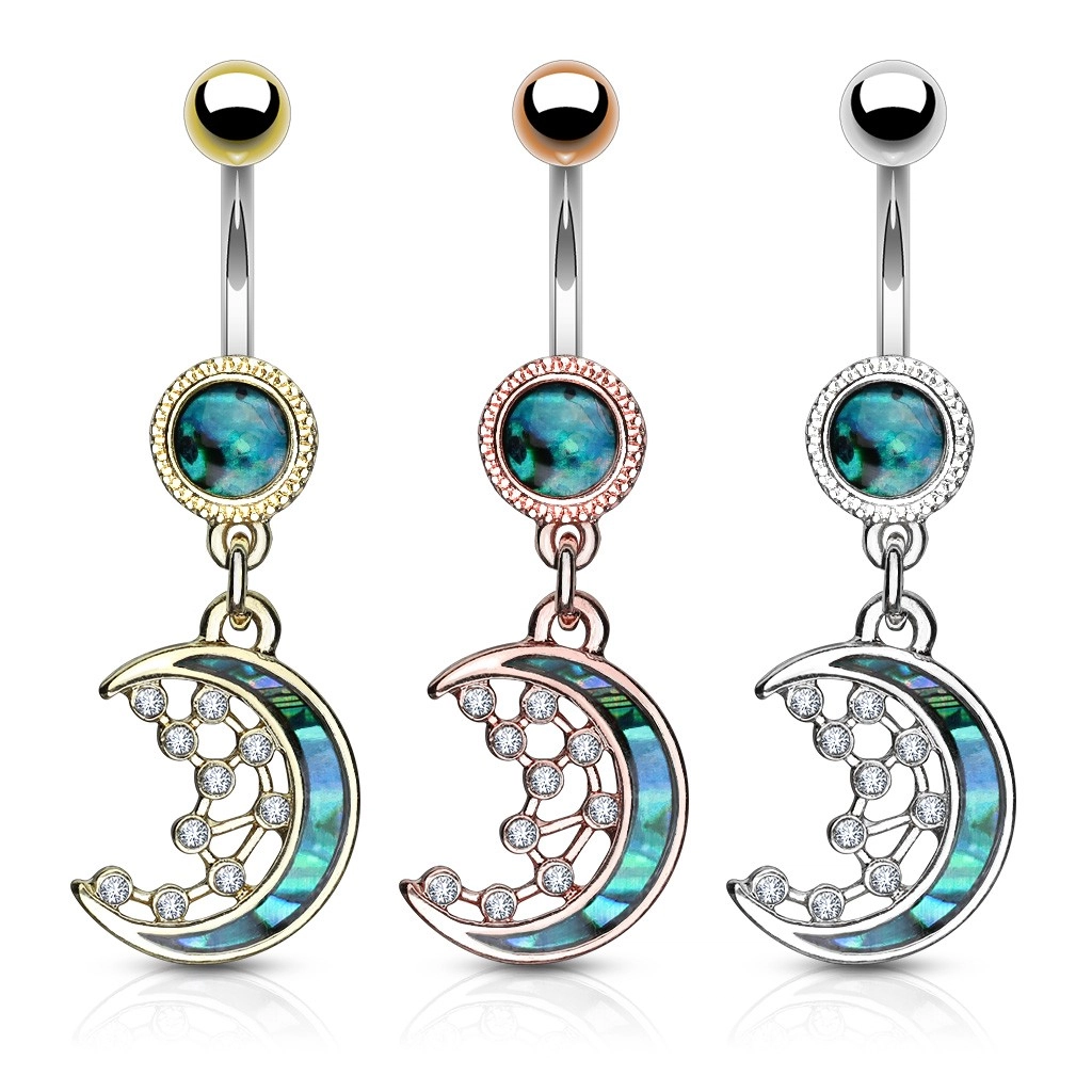 Piercing do bruška z ocele - polmesiac pokrytý perleťou, číre zirkónové hviezdy - Farba: Strieborná
