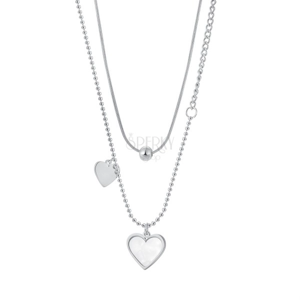 Dvojitý náhrdelník z ocele 316L - hladké a perleťové srdce, lesklá guľôčka