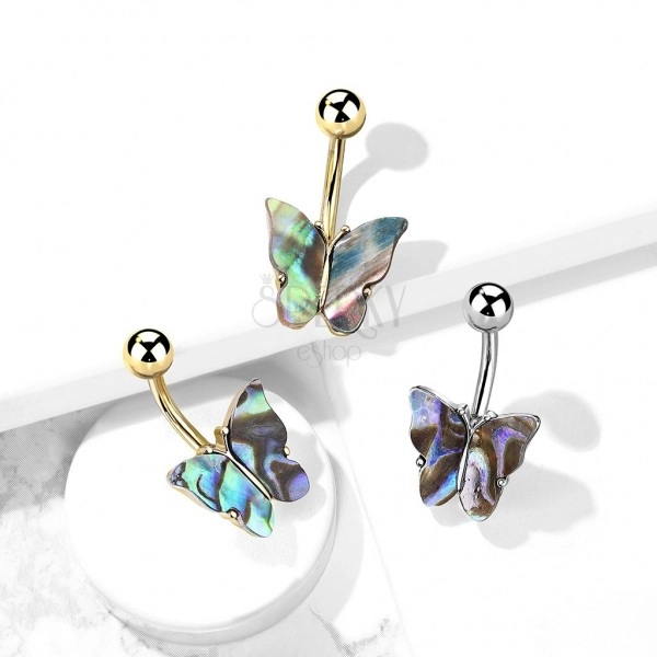 Oceľový piercing do bruška - symetrický motýľ s mušľou Abalone, PVD úprava