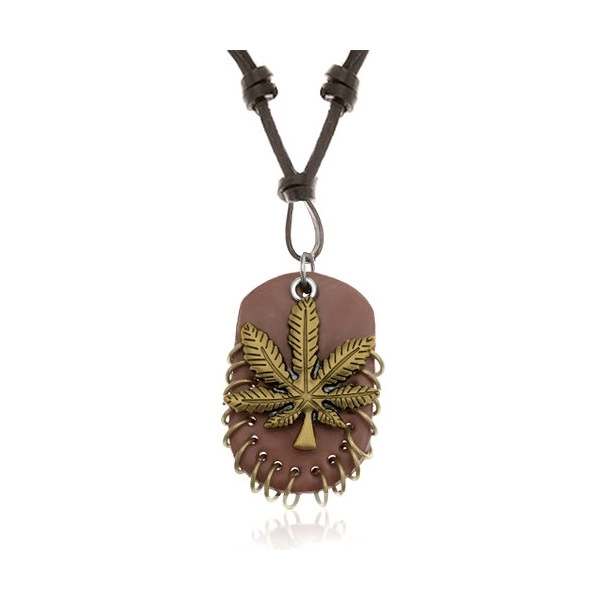 Náhrdelník z umelej kože, prívesky - list marihuany zlatej farby, ovál s krúžkami