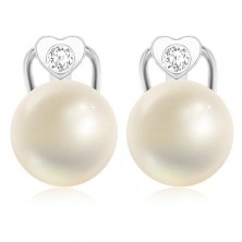 Náušnice v bielom zlate 375 - kultivovaná perla, srdce so zirkónom, klenotnícka klipsa