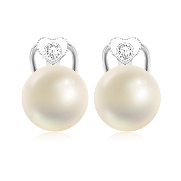 Náušnice v bielom zlate 375 - kultivovaná perla, srdce so zirkónom, klenotnícka klipsa