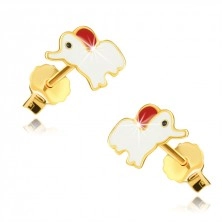Puzetové náušnice v žltom zlate 14K - glazúrovaný biely slon s uchom lososovej farby