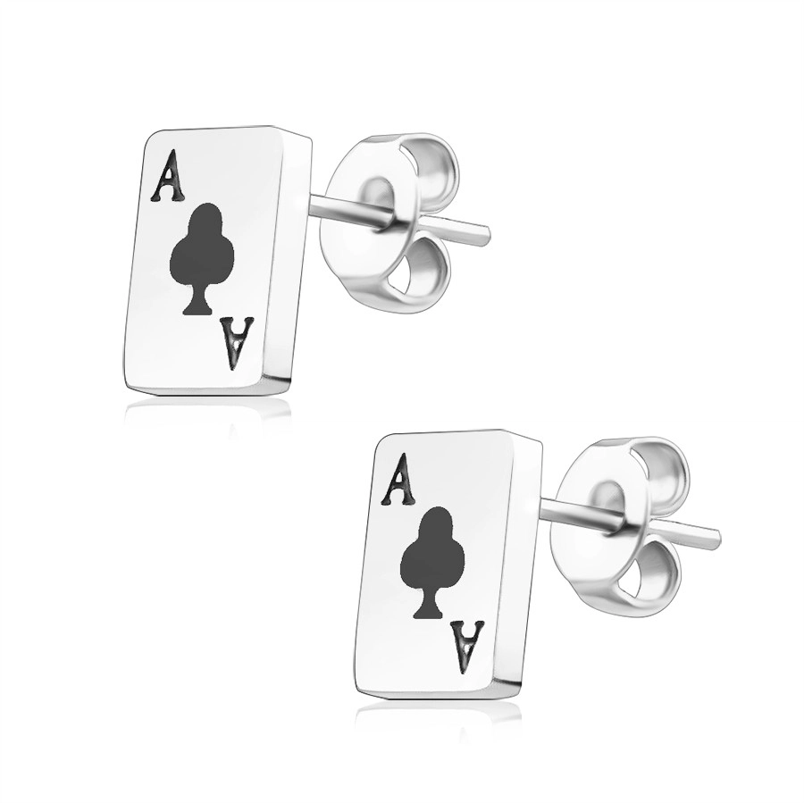 Šperky Eshop - Puzetové náušnice z ocele 316L - motív hracej karty, krížové eso s čiernou glazúrou SP80.26