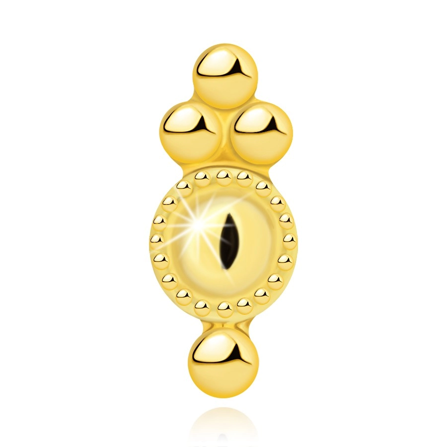 Piercing do pery a brady zo žltého zlata 375 - kruh s ozdobným lemom, guličky
