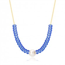 Náhrdelník z 9K žltého zlata - biela kultivovaná perla, modré kamienky