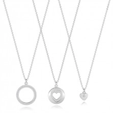 Sada troch náhrdelníkov z 925 striebra - srdcia, krúžok, okrúhle zirkóny
