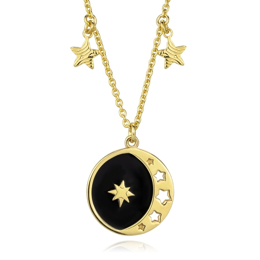 Strieborný 925 náhrdelník - zlatá farba, kruh, čierna glazúra, drobné hviezdy