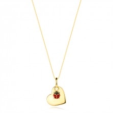 Zlatý 14K náhrdelník - ploché srdce, drobná lienka s červenými krídlami