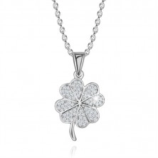 Strieborný 925 náhrdelník - štvorlístok, srdiečkové lupene, číre zirkóny