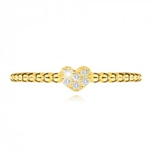 Zlatý 14K prsteň – srdiečko so zirkónmi, vrúbkované ramená