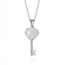 Strieborný 925 náhrdelník - srdiečkový kľúčik, číre zirkóny