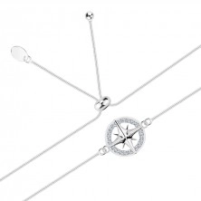 Strieborný 925 náramok, navliekací - tenká hadia retiazka, kompas, číre zirkóny 