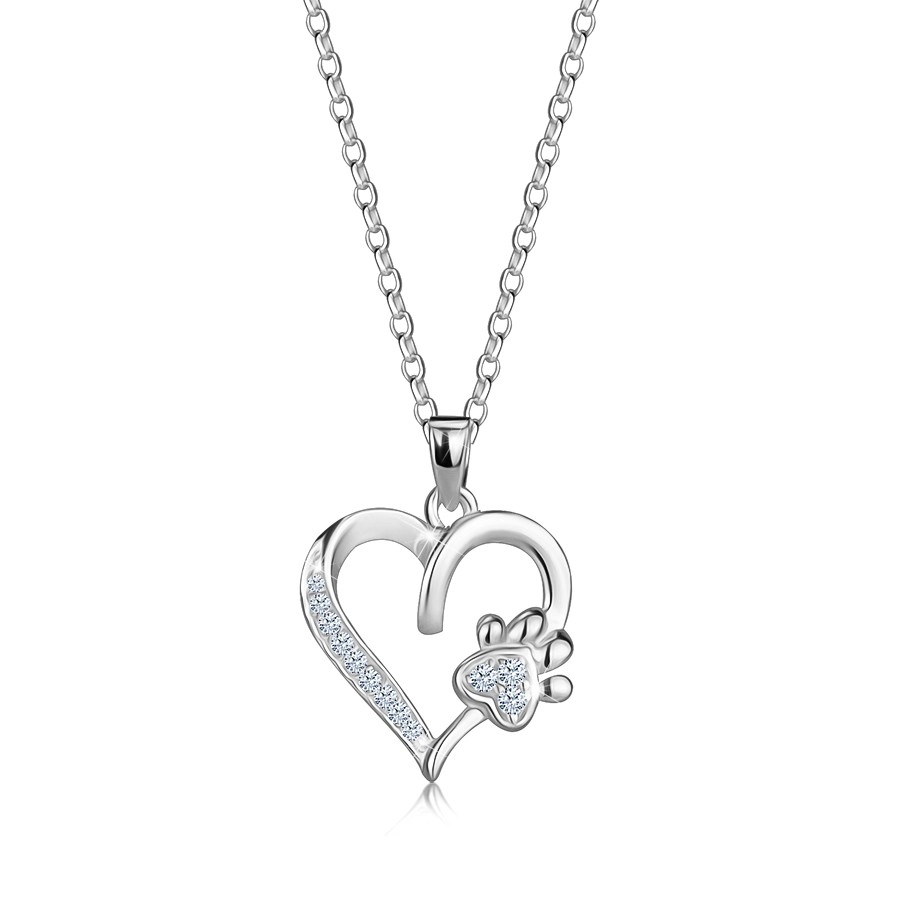 Strieborný 925 náhrdelník - línia srdca, srdiečková labka, okrúhle zirkóny, pérový krúžok