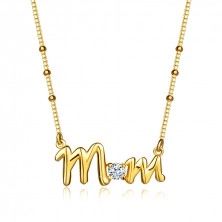 Strieborný 925 náhrdelník - nápis "Mom", okrúhly zirkón, retiazka s guličkami, pozlátený