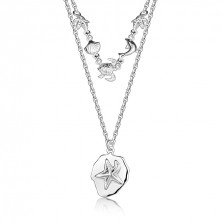 Strieborný 925 náhrdelník - zdvojená retiazka, hviezdica, lastúra, korytnačka, delfín