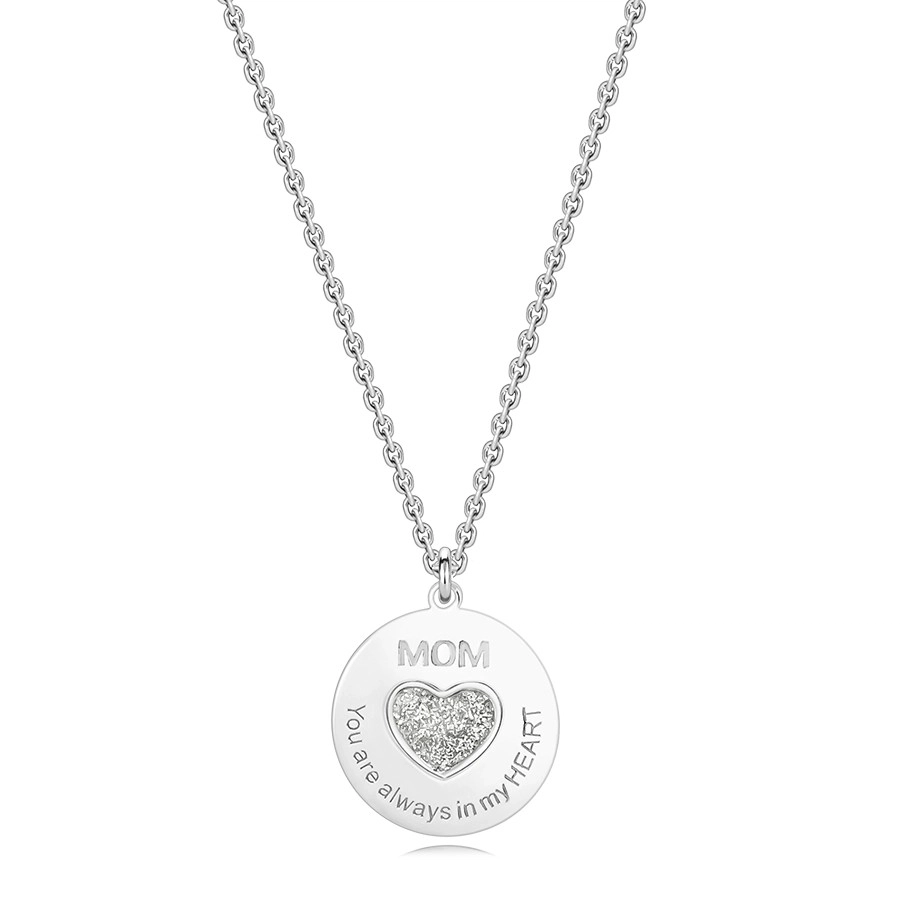 E-shop Šperky Eshop - Strieborný 925 náhrdelník - lesklý kruh, trblietavé srdce s nápismi, "MOM" AC09.02