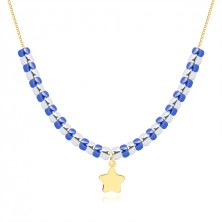 Zlatý 9K náhrdelník - plochá hviezda, číre a modré kryštáliky
