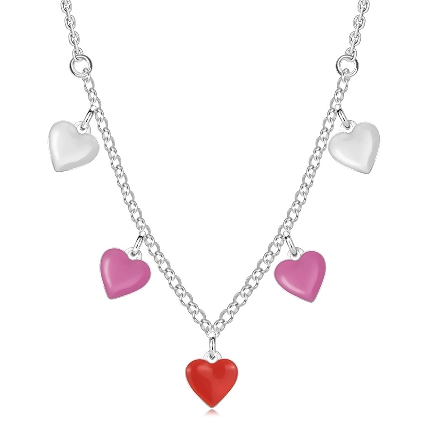 E-shop Šperky Eshop - Detský strieborný náhrdelník 925 - tenká retiazka, trojfarebné srdiečka AA04.07