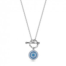 Prevliekací strieborný náhrdelník 925 - kruh s čírymi a modrými zirkónmi, nepriehľadný kvietok z tyrkysových zirkónov
