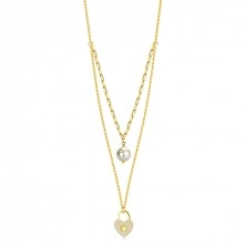Strieborný 925 náhrdelník - zlatá farba, biela syntetická perla, srdiečková kladka, číre zirkóny