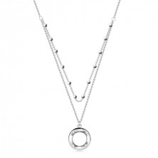 Strieborný 925 náhrdelník - dvojitá retiazka, brilianty, koliesko s výrezom, guličky