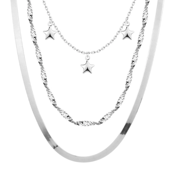 Strieborný 925 náhrdelník - tri druhy retiazok, lesklé hviezdičky, nastaviteľný