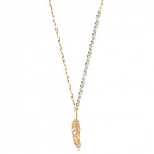 Strieborný 925 náhrdelník - medená farba, biele syntetické perly, pierko so zirkónmi