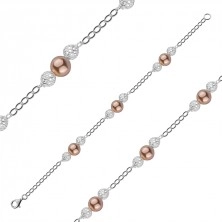 Strieborný 925 náramok - syntetické perly bronzovej farby, prepletané guličky
