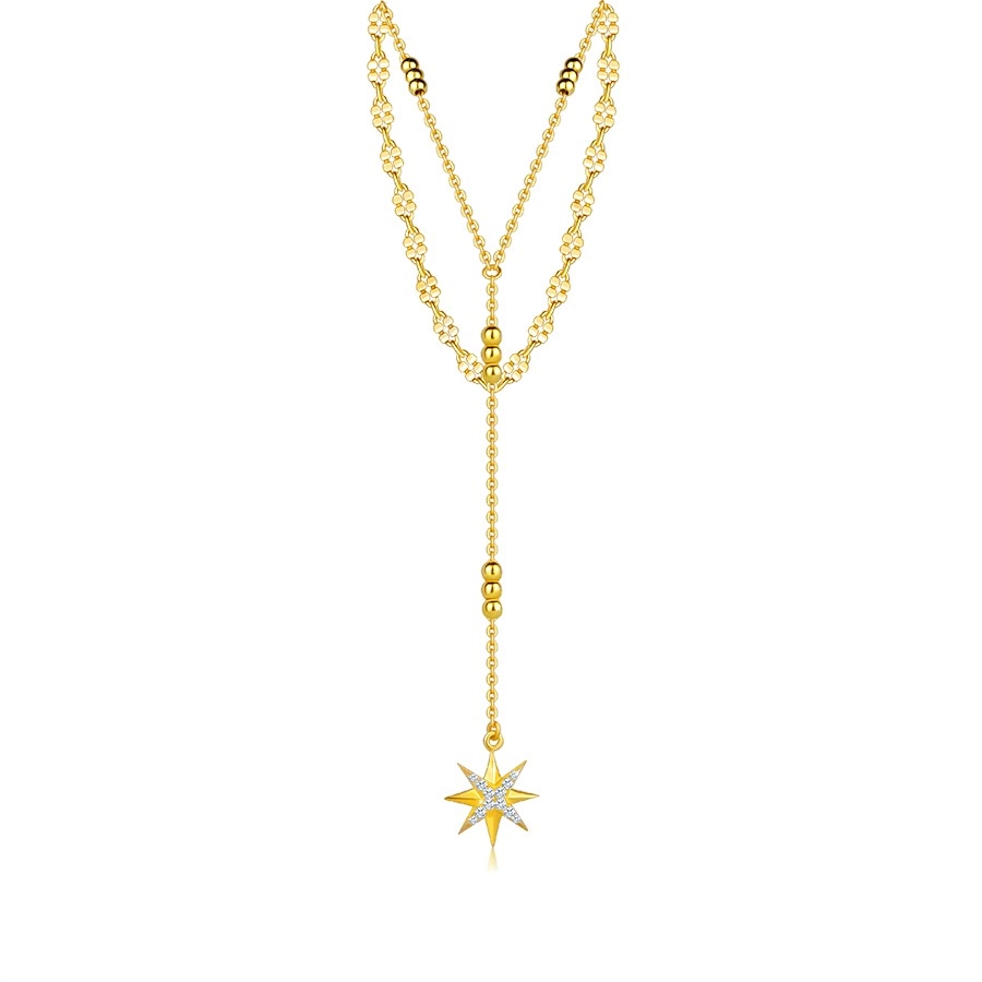 Dvojitý strieborný 925 náhrdelník - zlatá farba, zirkónová hviezda, sploštené ováliky, nastaviteľný