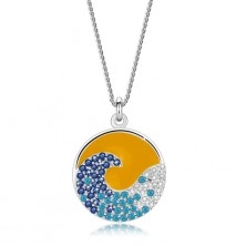 Strieborný 925 náhrdelník - západ slnka nad morom, vlna, farebné zirkóny