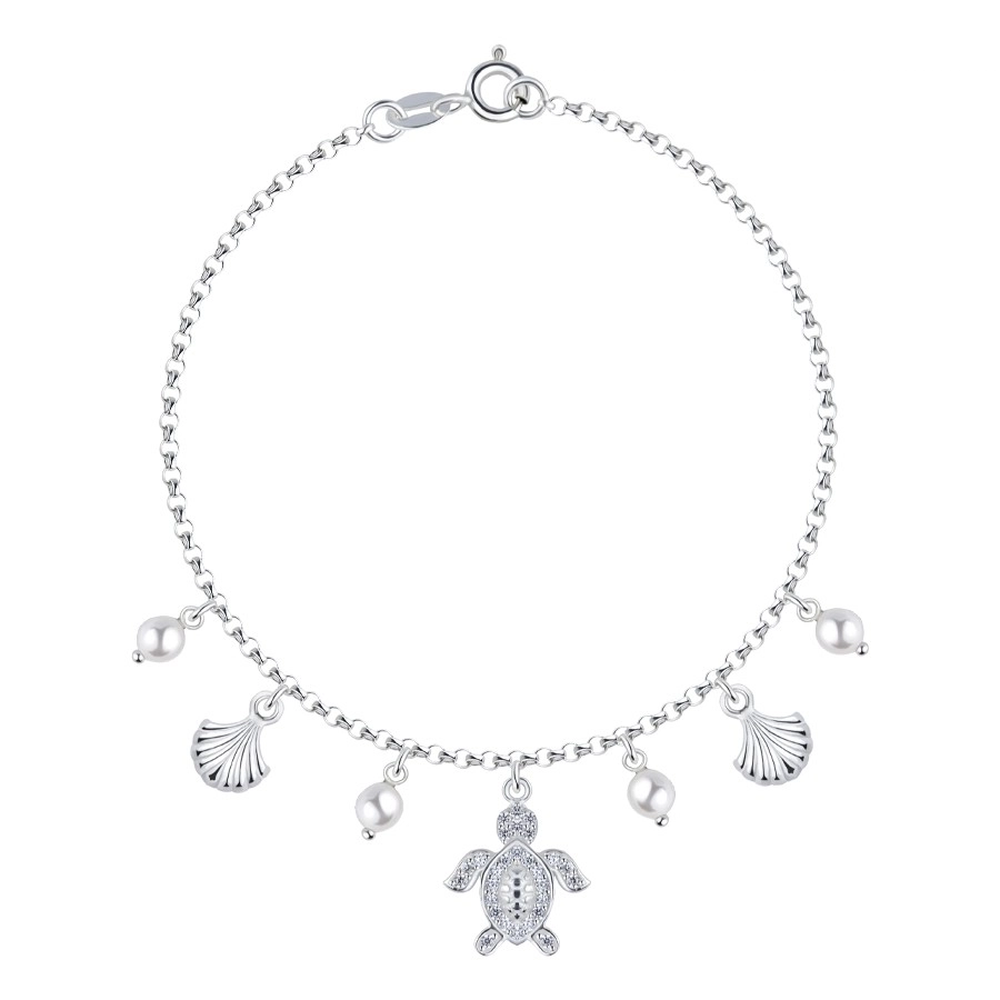 Strieborný 925 náramok - korytnačka, mušľa, biele syntetické perly, číre zirkóny