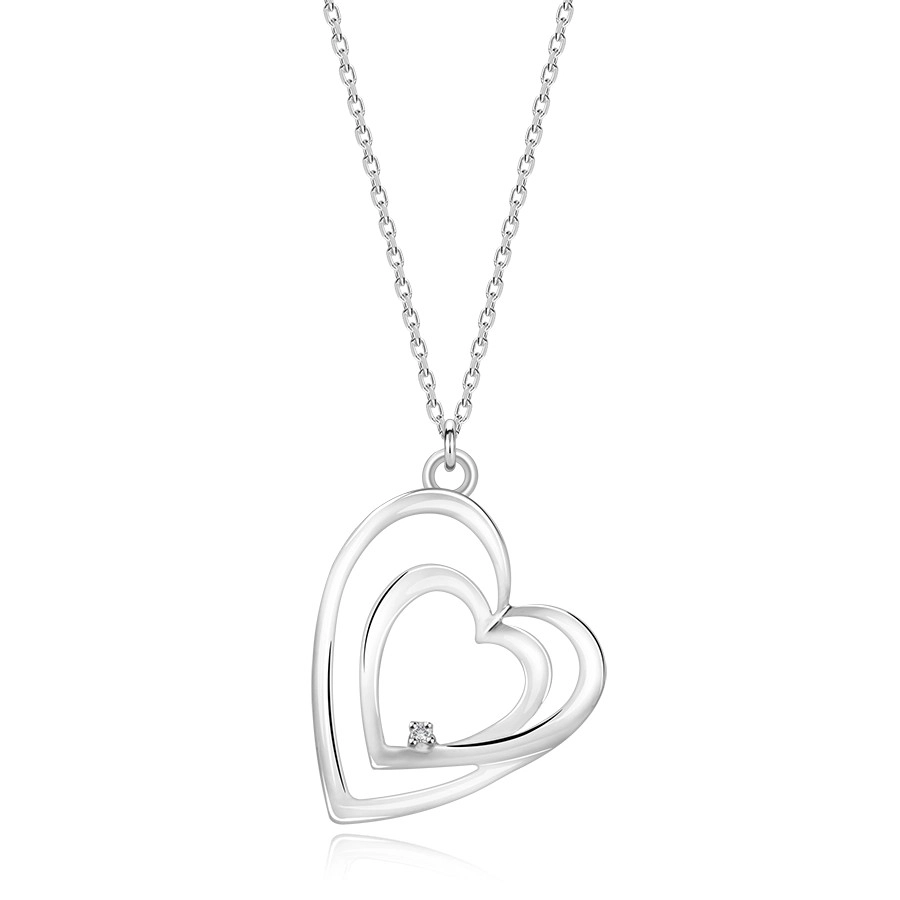 E-shop Šperky Eshop - Diamantový náhrdelník v striebre 925 - spojený dvojitý obrys srdca, číry briliant T12.06